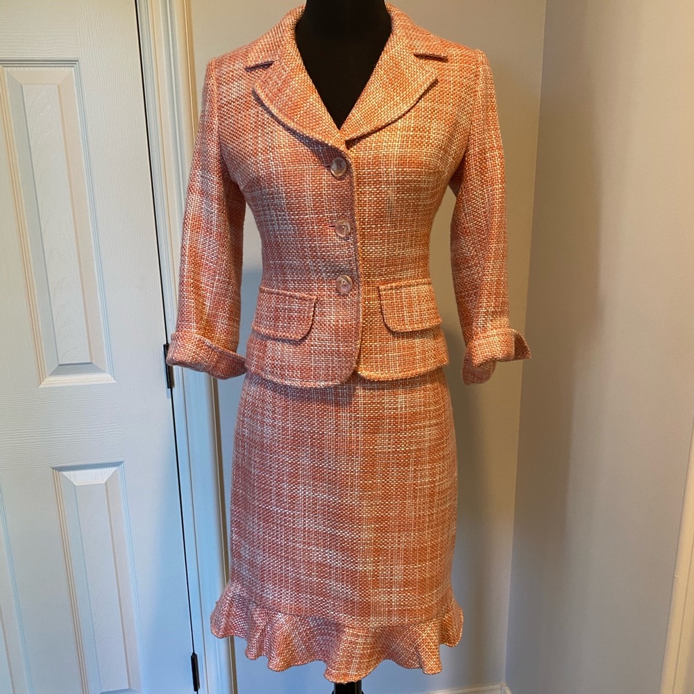 2 piece coral colored jacket / skirt suit